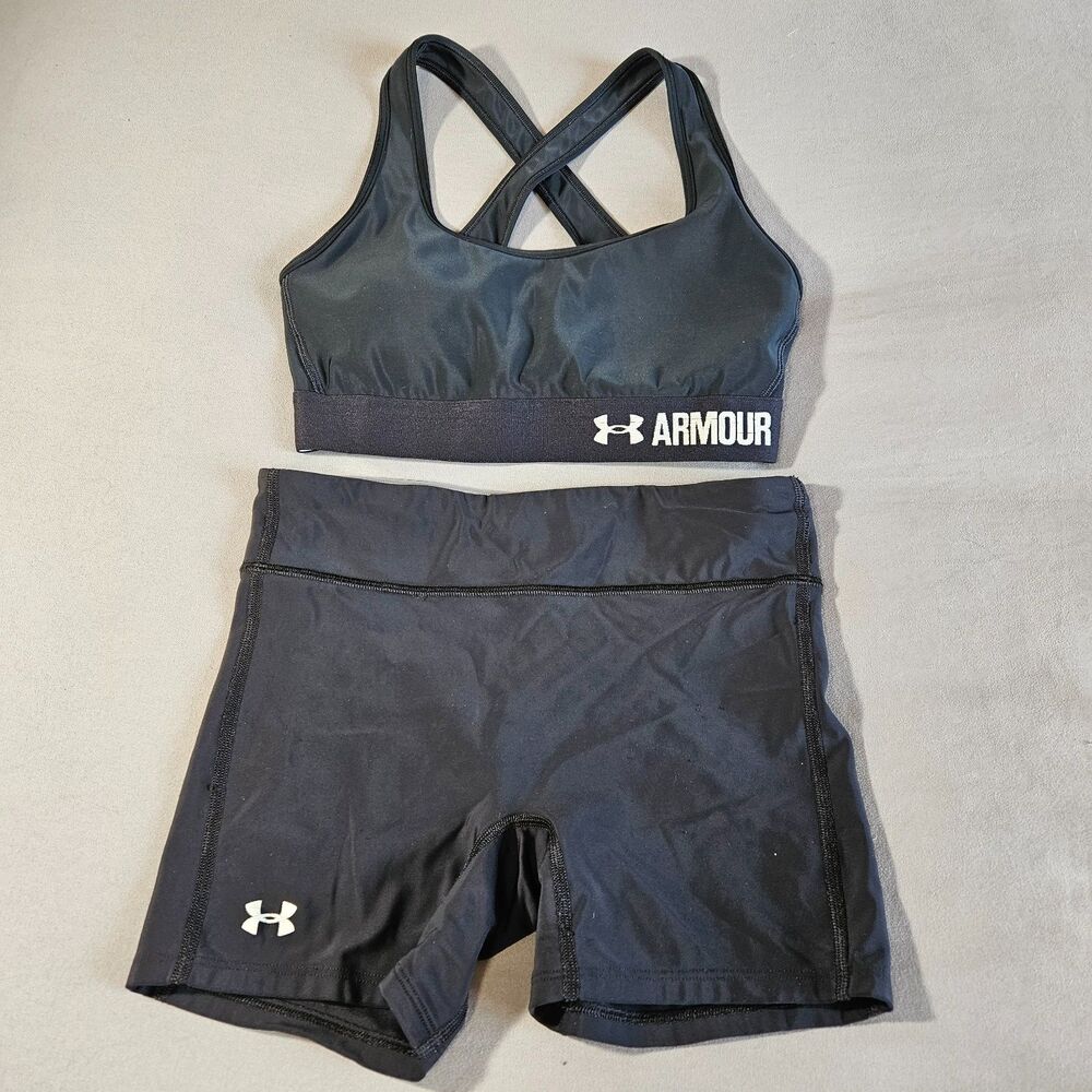 UNDER ARMOUR Workout Sports Bra and Shorts Set Small Black Gym Training Nylon
